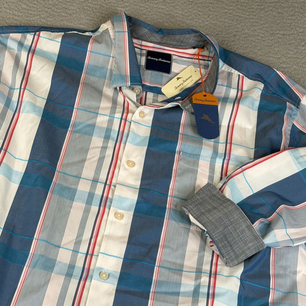 TOMMY BAHAMA  Shirt Mens 3XB 3XL Blue Atlas Plaid Button Flip Cuff Silk Cotton